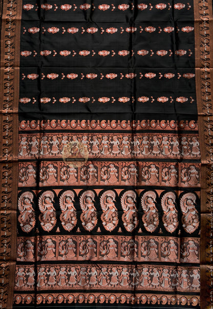 Side view of Swarnachari silk saree drape highlighting golden zari border and pure silk fabric texture, Bengal handloom