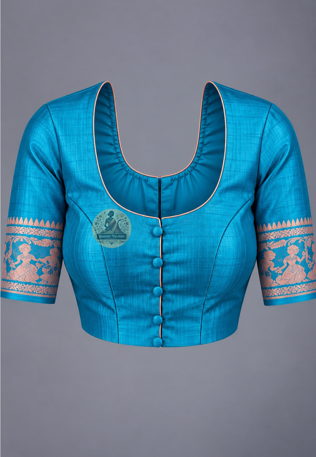 Blouse paired with teal blue Swarnachari silk saree, featuring pink-toned patterned sleeve borders