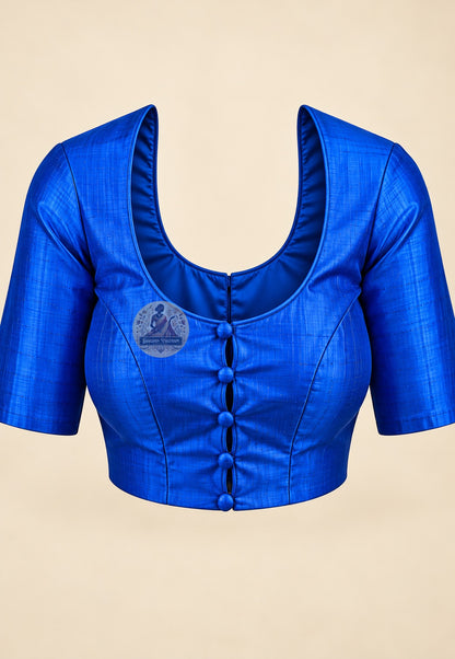 Blouse paired with royal blue Bishnupur silk saree in a matching blue shade