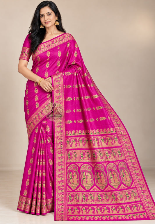 Front view of fuchsia pink Swarnachari silk saree with gold-toned motifs and patterned borders