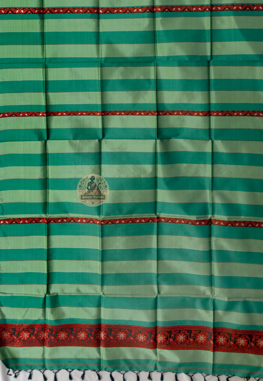 Rear view of Bishnupur Baluchari silk heirloom stole showcasing richly worked terminal panel with dense mythological narrative motifs in pure silk thread