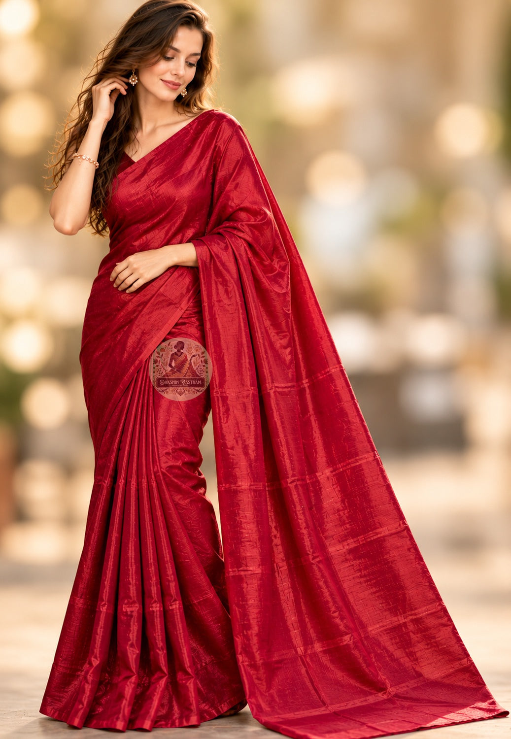 Front view of red Bishnupur handloom silk saree with a plain body and lustrous folds