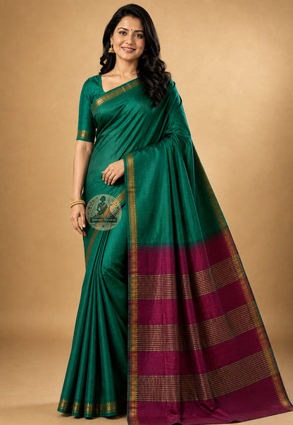 Front view of Bishnupur Katan Silk Saree with handwoven tulsi leaf grid and bell flower buti motifs, West Bengal