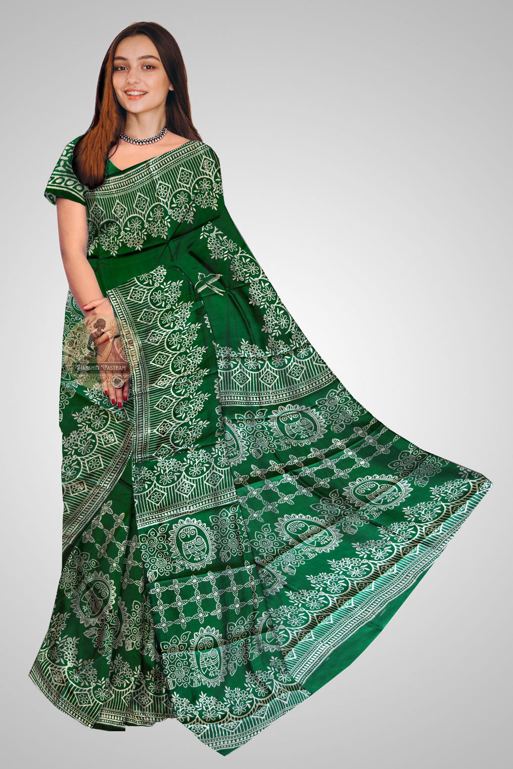 Buy Bishnupuri Pure Katan Silk Block Print Saree online – Front view of silk saree