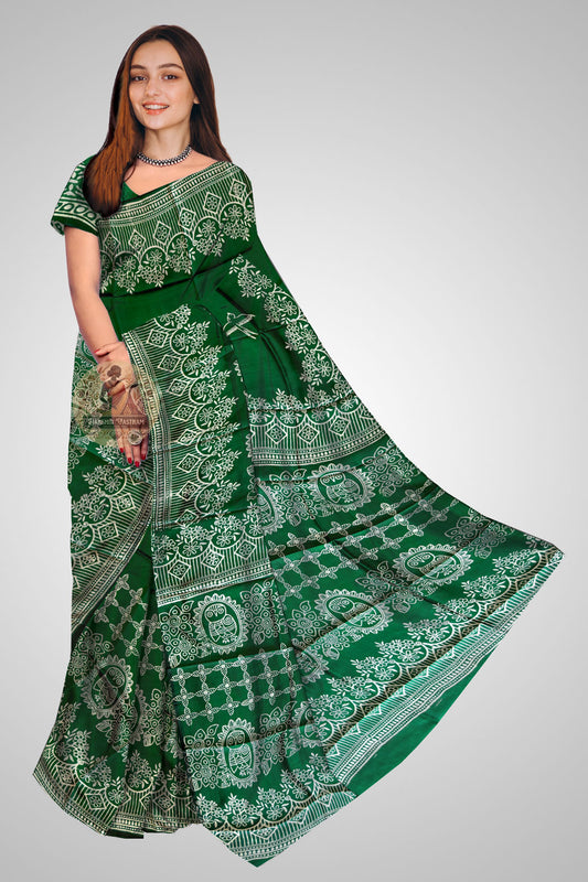 Buy Bishnupuri Pure Katan Silk Block Print Saree online – Front view of silk saree
