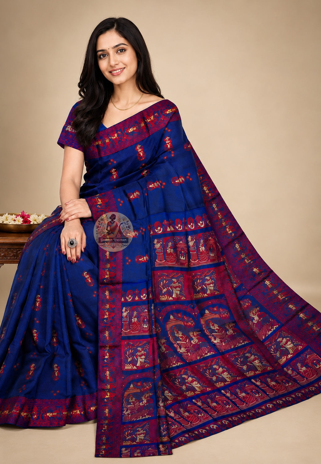 Side view of Baluchari Silk Saree showing the natural luminous sheen and fluid drape of pure Bengal silk, handwoven for weddings and cultural celebrations across UK, USA, EU and India