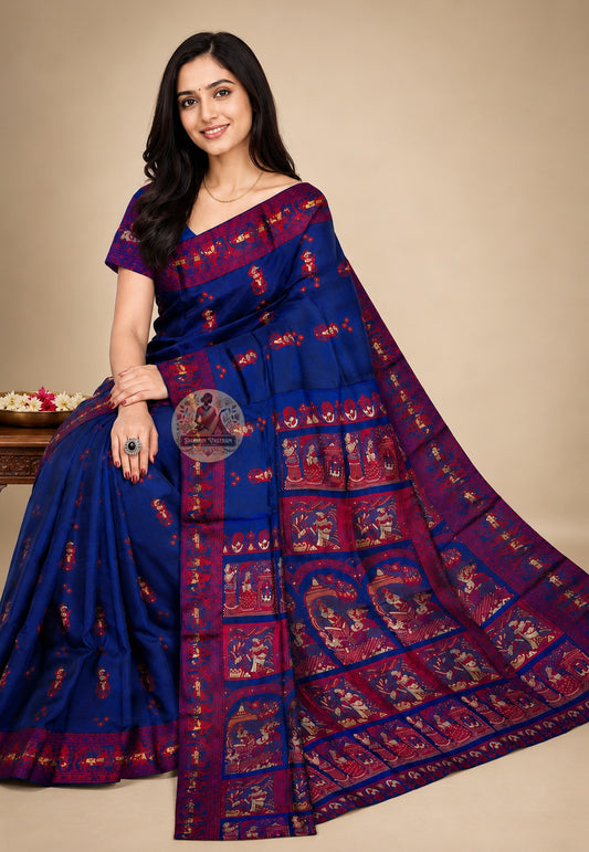 Side view of Baluchari Silk Saree showing the natural luminous sheen and fluid drape of pure Bengal silk, handwoven for weddings and cultural celebrations across UK, USA, EU and India