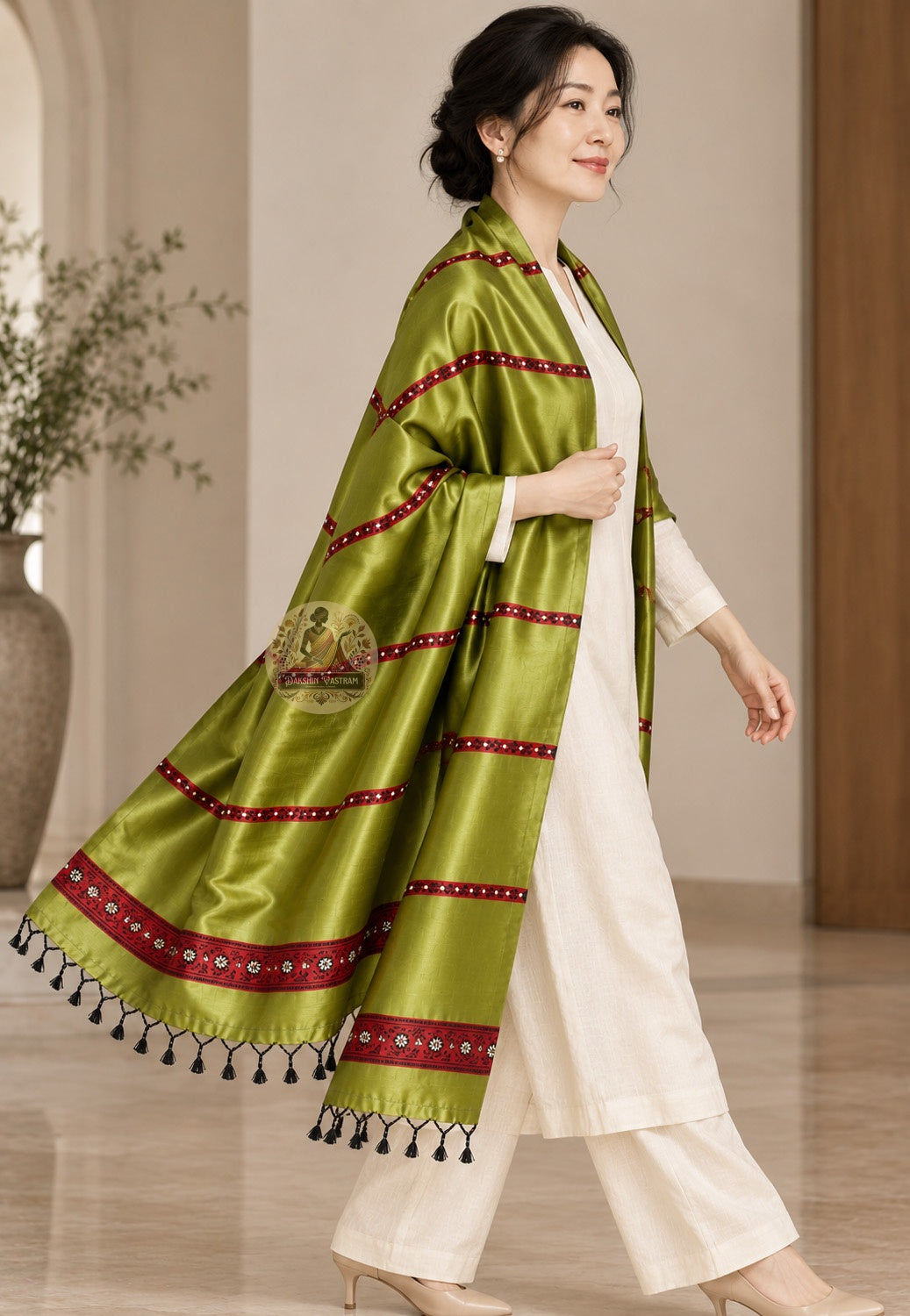 Side view of Bishnupur Baluchari pure silk contemporary stole displaying lightweight natural silk drape and lustre for festive and cultural occasions