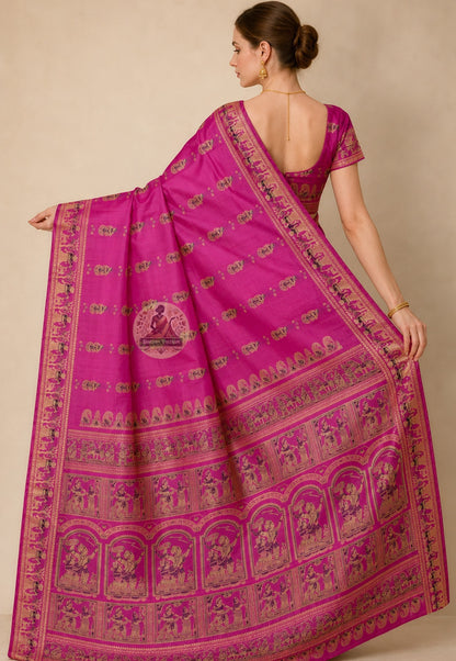 Front view of woman wearing Baluchari Silk Saree with antique gold jewellery, bridal trousseau Durga Puja occasion