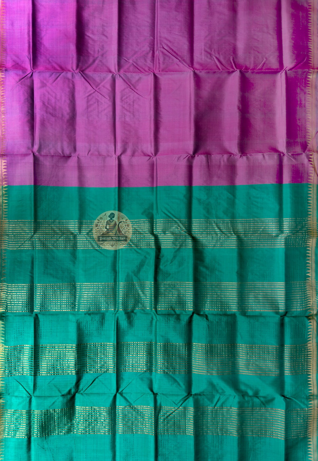 Close-up of handwoven stepped pyramid with zari marigold buti detail on Bishnupur Katan Silk Saree border