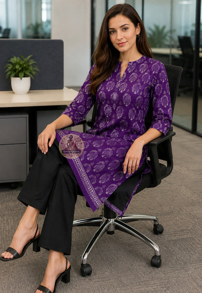 Front view of woman wearing straight cut kurti tailored from Baluchari Silk Block Print Piece everyday office wear Kolkata