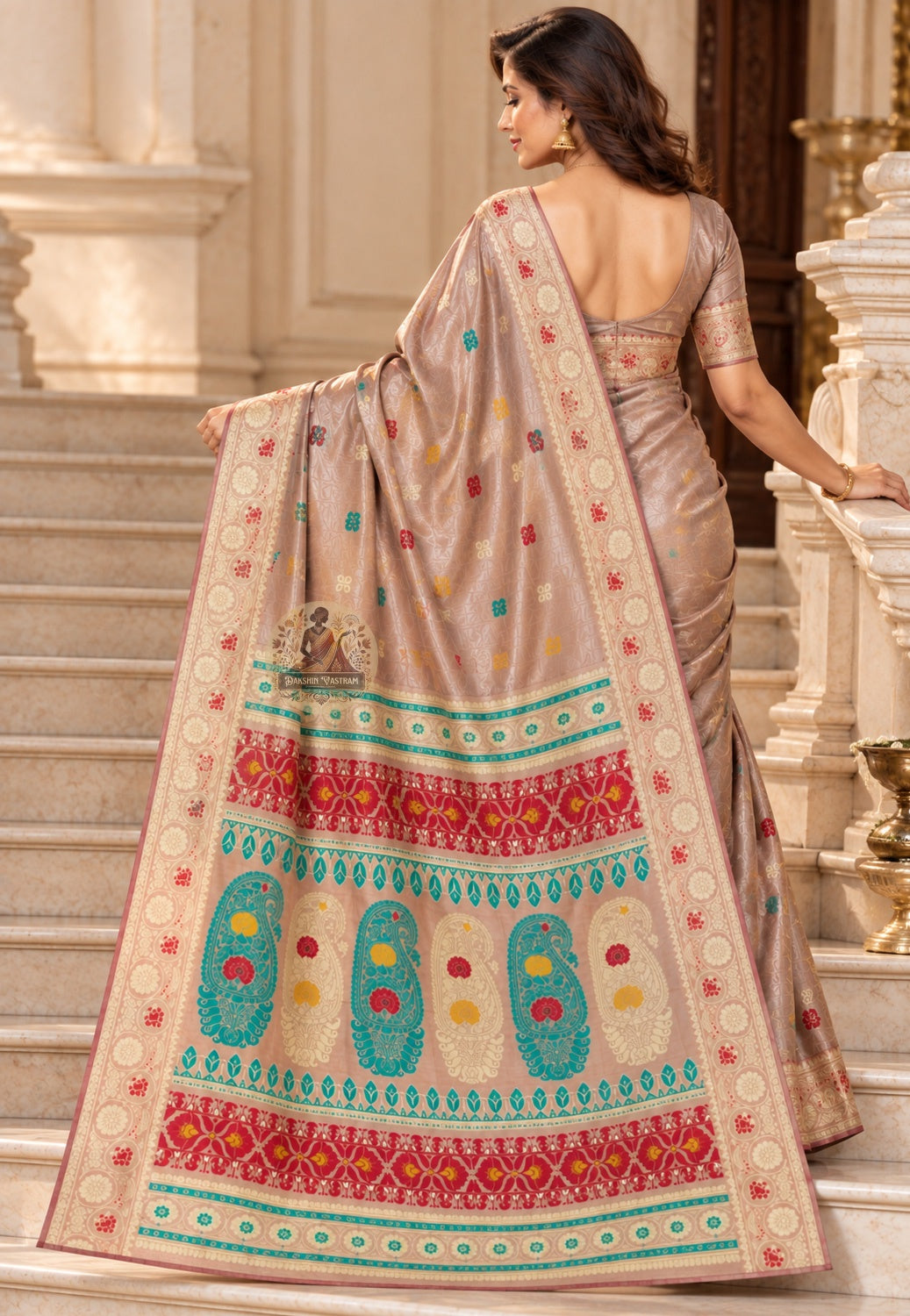 Front view of beige Baluchari silk saree with scattered multicoloured motifs and patterned borders