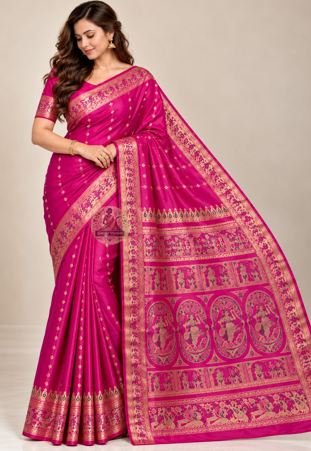Front view of Swarnachari pure silk saree with golden zari Ramayana mythology and Bishnupur temple art motifs translated thread by thread on handloom in West Bengal for Indian weddings
