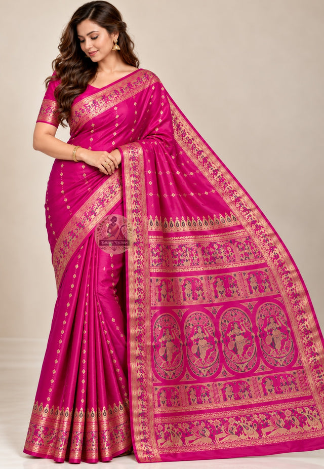 Front view of Swarnachari pure silk saree with golden zari Ramayana mythology and Bishnupur temple art motifs translated thread by thread on handloom in West Bengal for Indian weddings