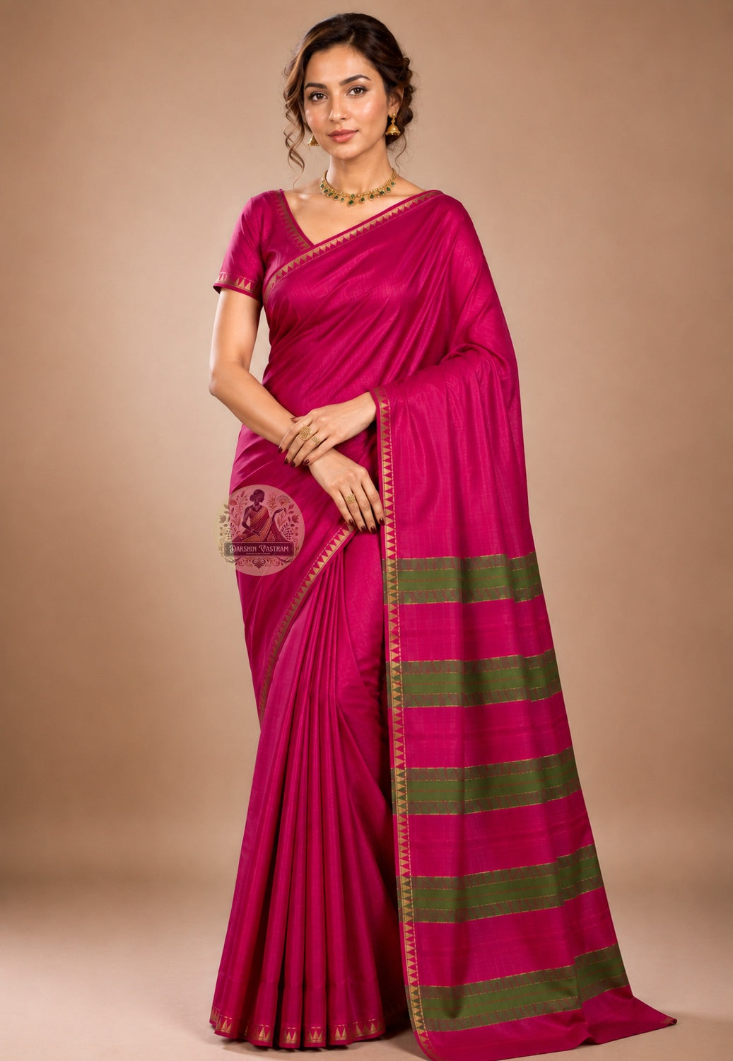 Front view of handwoven Bishnupur Pure Katan Silk Saree from Bengal, made entirely by human hands with heritage motifs on the pallu and the warm living glow of pure Katan silk drape