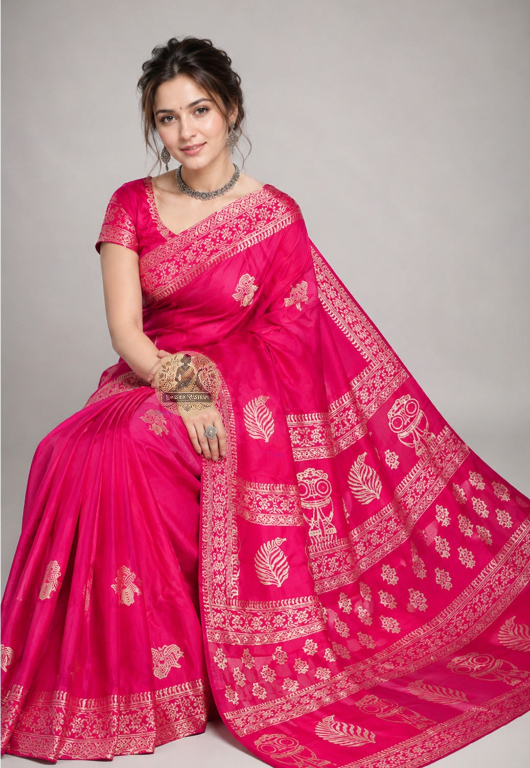 Side view of Bishnupur Silk Block Print Saree displaying the fluid drape of pure Bishnupur silk with hand-stamped block print motifs, handcrafted for weddings and cultural celebrations across UK, USA, EU and India