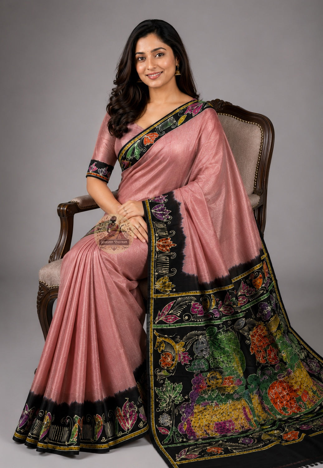 Front view of Bishnupur Pure Katan Silk saree with Bengal heritage motifs draped in classic Nivi style