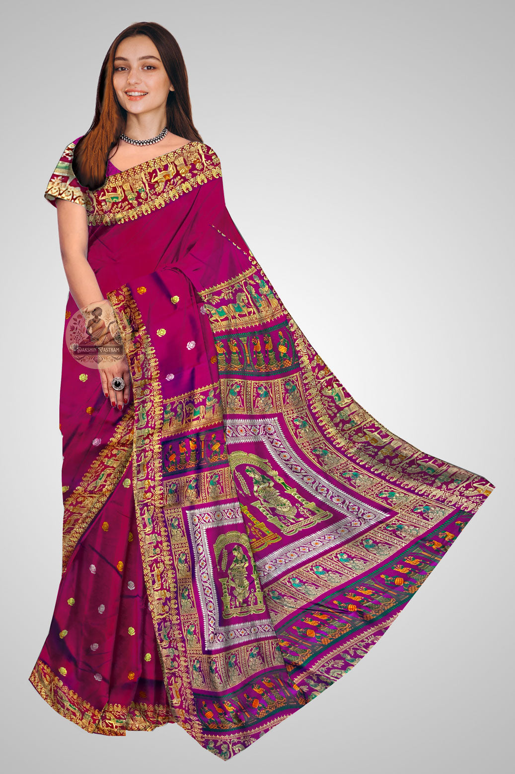 Buy Baluchari Saree online – Front view with rich pallu design