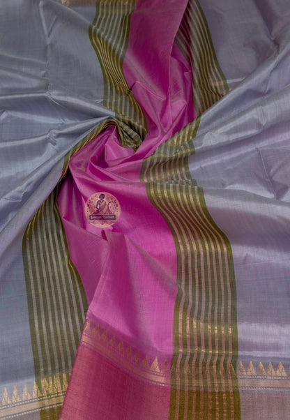 Full flat-lay of Bishnupur Pure Katan Silk Saree with matching blouse piece, handloom gifting edition Bengal
