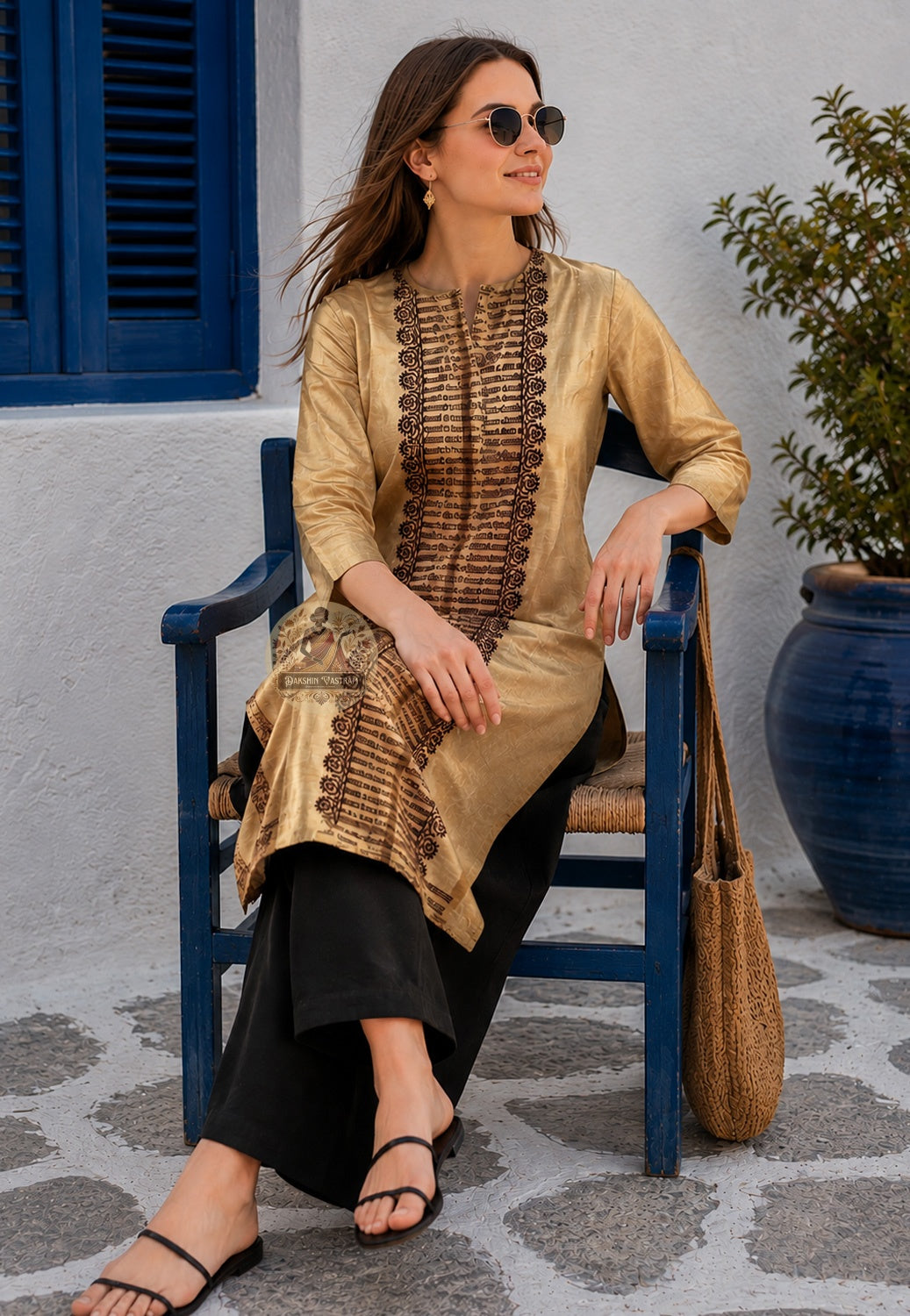 Front view of woman wearing straight cut kurti tailored from Baluchari Silk Block Print Piece Durga Puja 2026 Kolkata