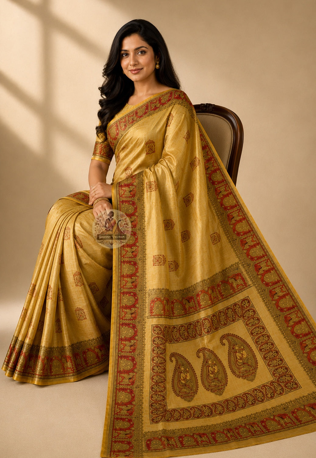 Front view of woman wearing Bishnupur Katan Silk Saree with tussar silk blouse, Navratri festive occasion