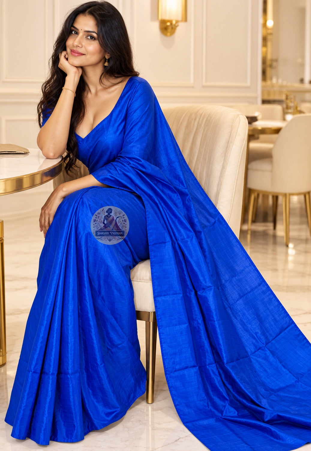Front view of royal blue Bishnupur handloom silk saree with a plain body and lustrous folds