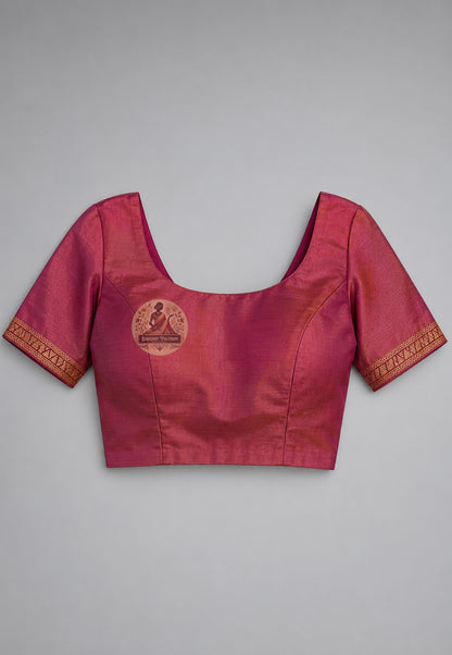 Styling detail of silk blouse paired with Bishnupur Katan Silk saree with zari border