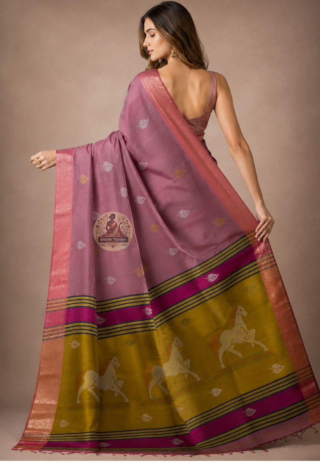 Side view of Bishnupur Pure Katan Silk Saree showing Saptami opening day drape and floral vine zari handloom border