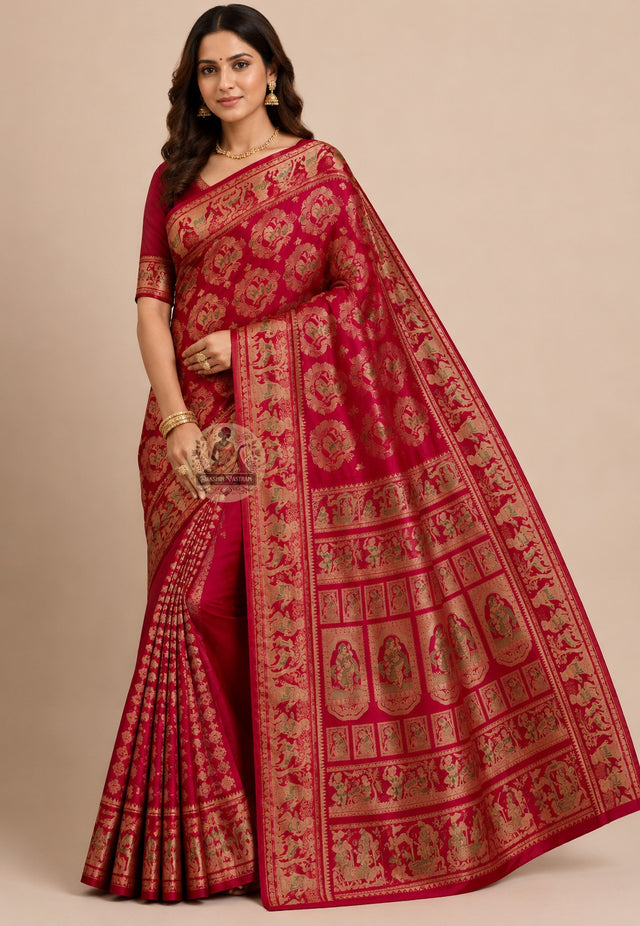 Front view of Swarnachari silk saree in golden zari weave, handloom Bengal, draped elegantly for wedding