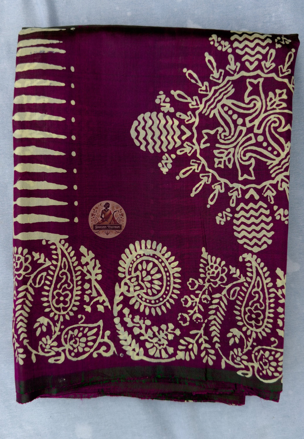 Full flat lay of Bishnupur Katan silk saree with handwoven border and pallu, Bankura Bengal, six yards of belonging