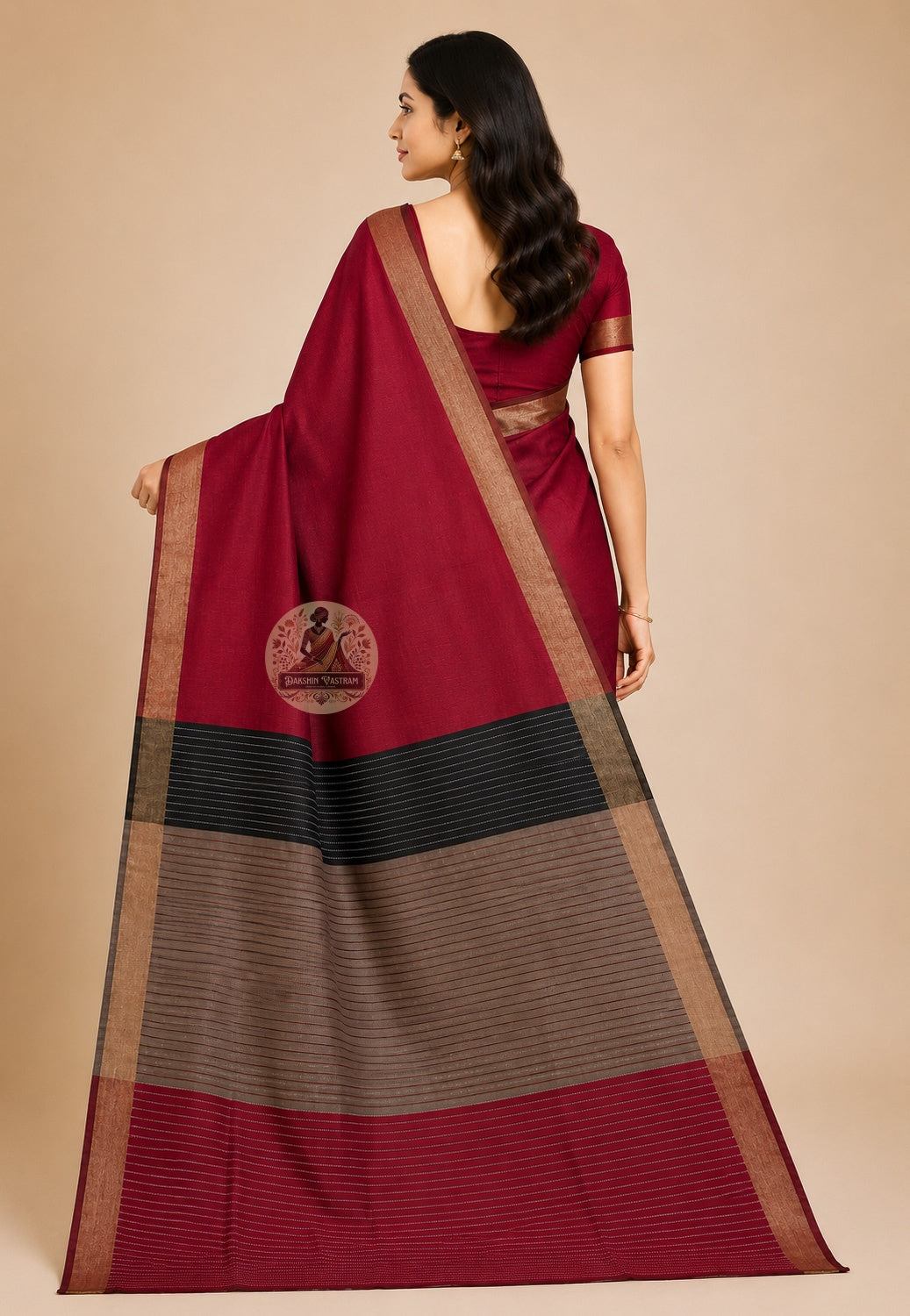 Side view of handloom Bishnupur Katan silk saree showing natural weight and lustre that deepens with wear, a fabric made to be worn more than once, Bishnupur West Bengal