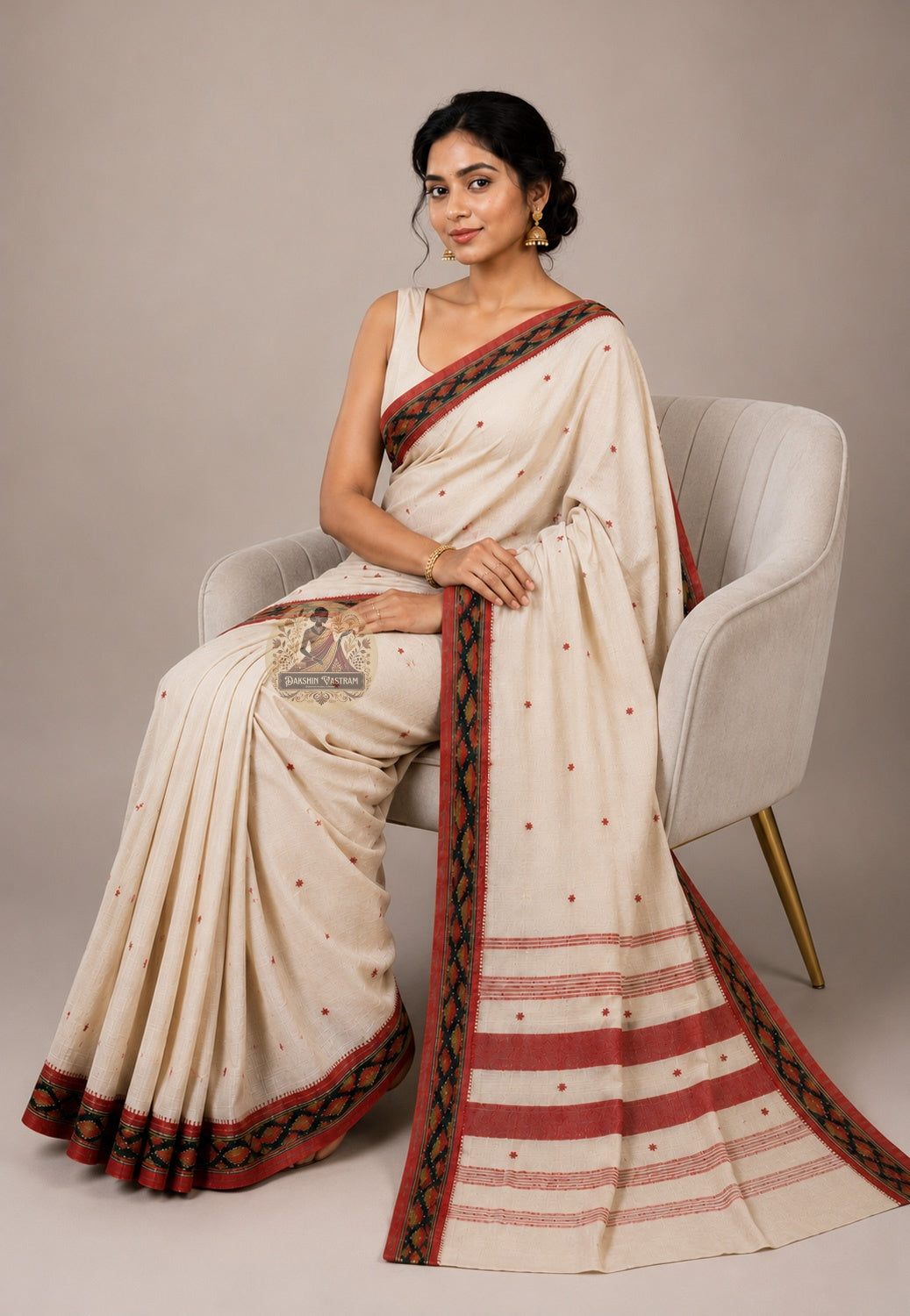 Front view of Bengali handloom pure cotton saree draped in classic Nivi style