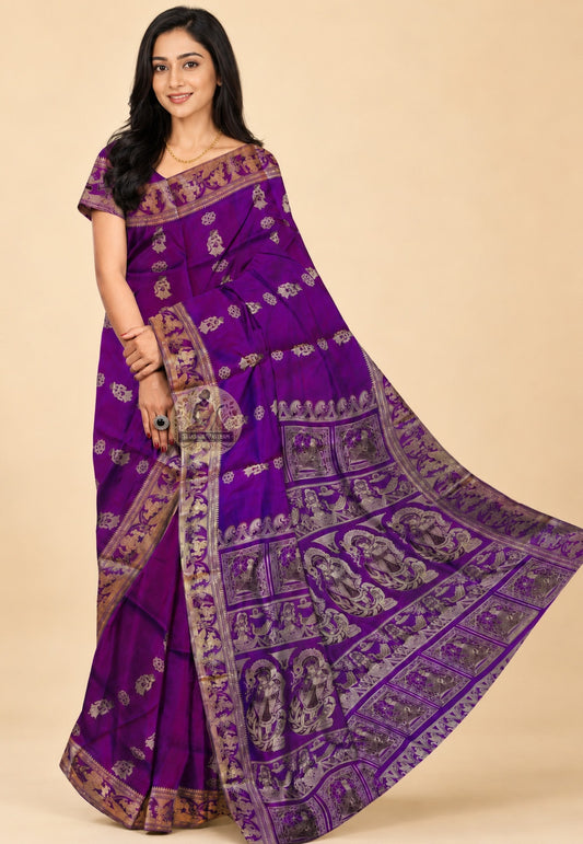 Front view of handwoven Baluchari Silk Saree from Bishnupur Bengal, revealing mythological motifs that unfold on the pallu and the natural luminous sheen of pure Bengal silk drape