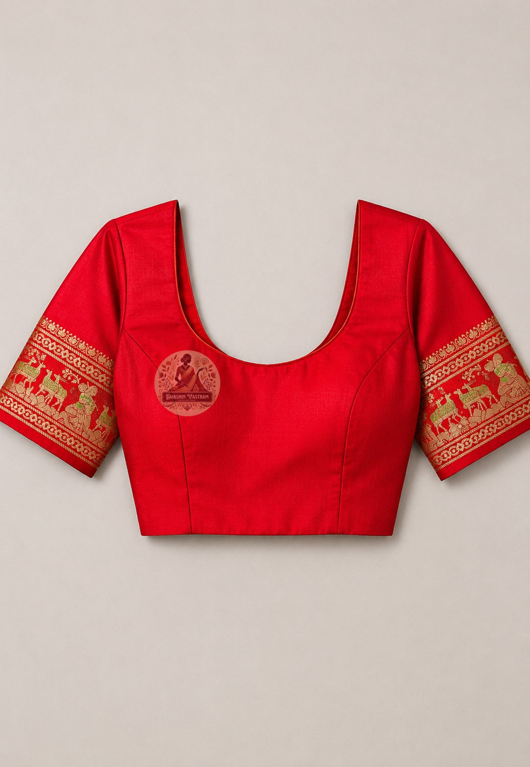 Matching unstitched blouse piece of Swarnachari silk saree in pure handloom silk with golden zari recovery border trim, included with saree for tailoring to fit