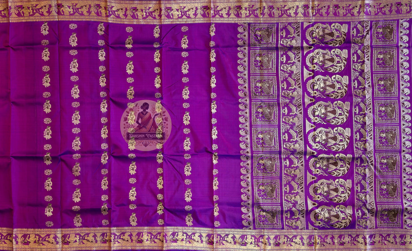 Full view of Baluchari Silk Saree by Dakshin Vastram — the art of looking closely in pure Bengal silk, handwoven in Bishnupur for weddings, Diwali and cultural celebrations across UK, USA, EU and India