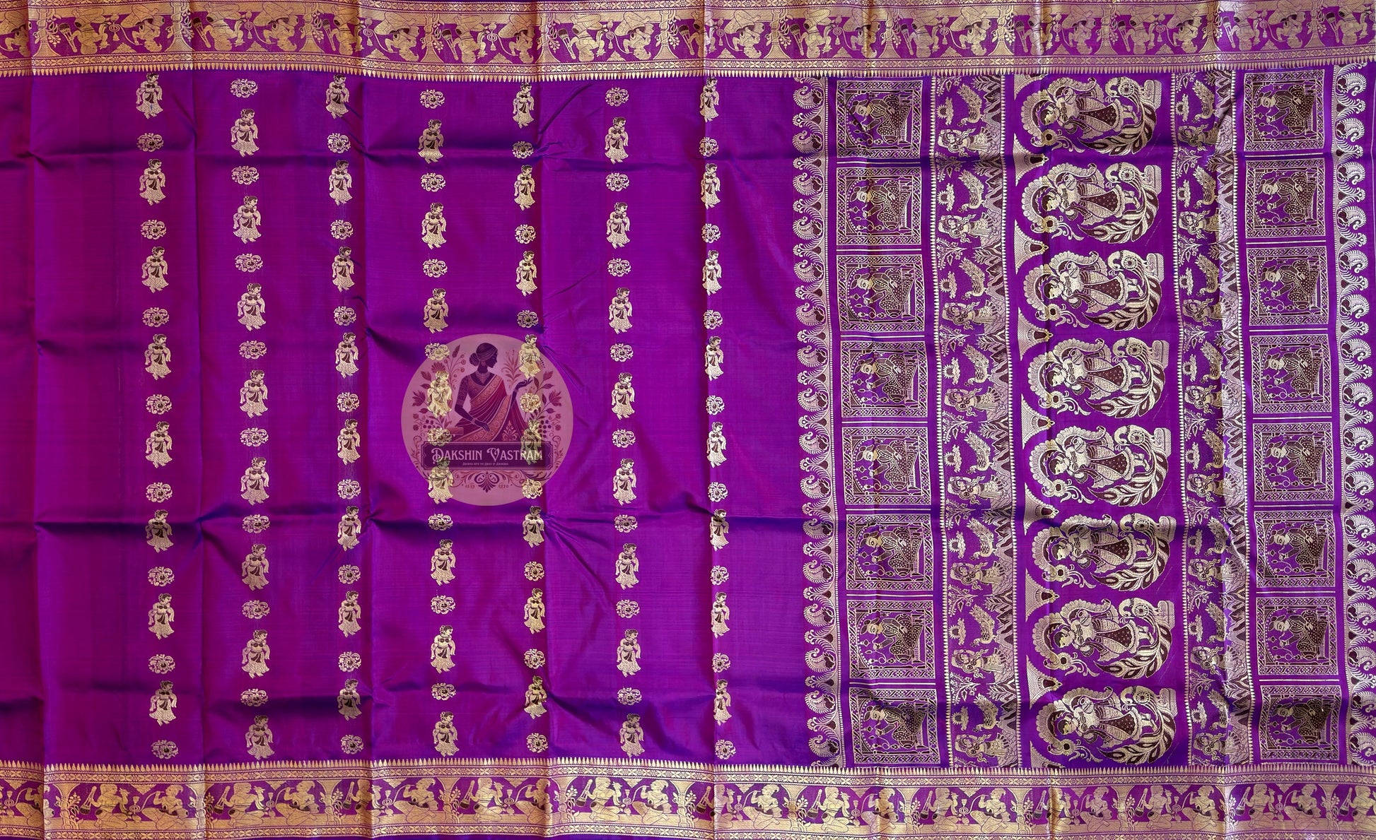 Full view of Baluchari Silk Saree by Dakshin Vastram — the art of looking closely in pure Bengal silk, handwoven in Bishnupur for weddings, Diwali and cultural celebrations across UK, USA, EU and India