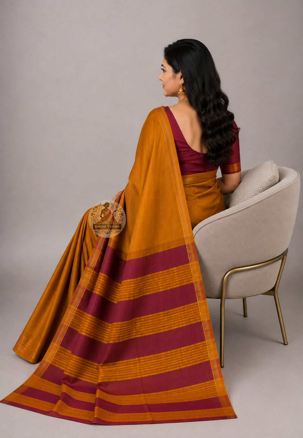 Rear view of Bishnupur Pure Katan Silk saree with zari border and pallu draped over the shoulder