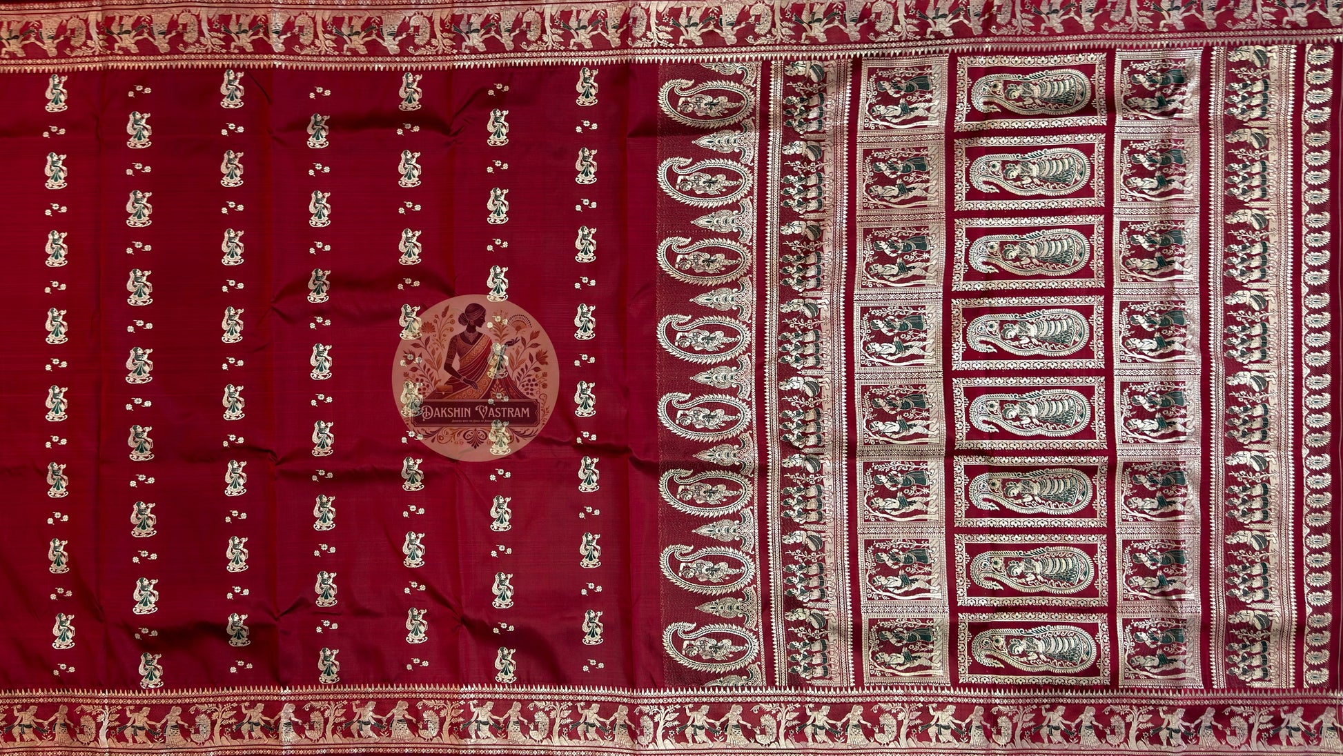 Macro close-up of hand-woven mythological motif on Baluchari Silk Saree by Dakshin Vastram, each figure woven individually on the loom in Bengal