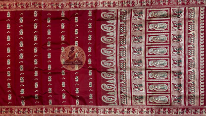 Macro close-up of hand-woven mythological motif on Baluchari Silk Saree by Dakshin Vastram, each figure woven individually on the loom in Bengal
