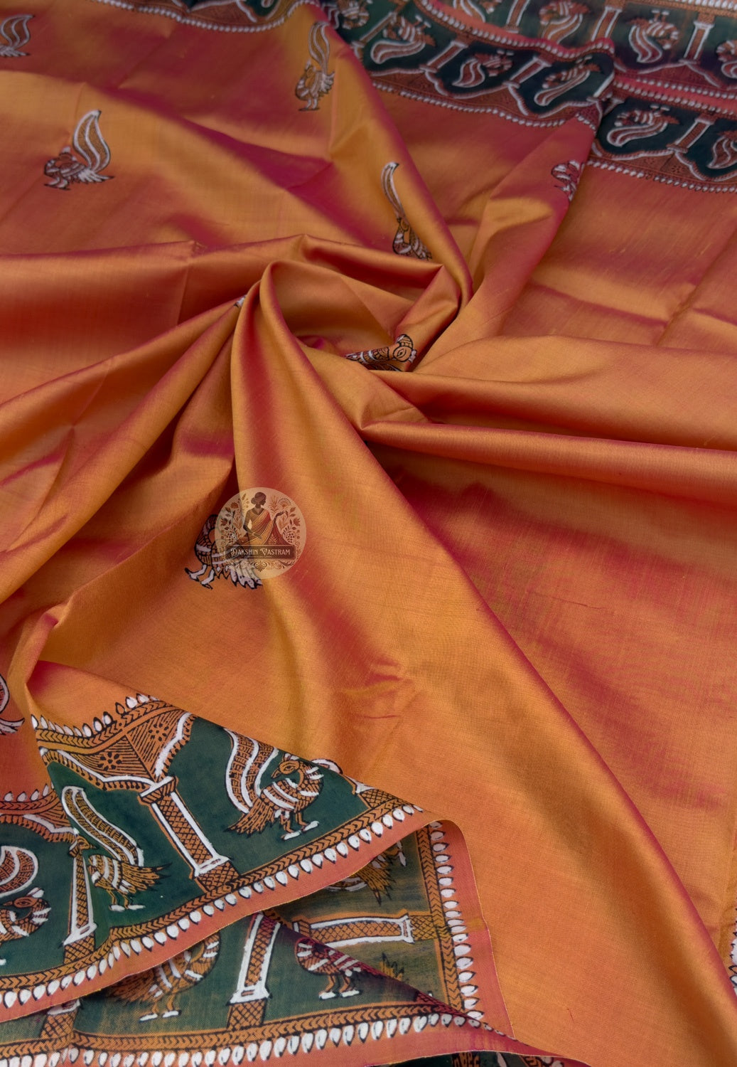 Close-up of Bishnupur Katan silk pallu with hand-woven heritage motifs inspired by Bishnupur's terracotta temples and centuries of Bengal folk artistic tradition