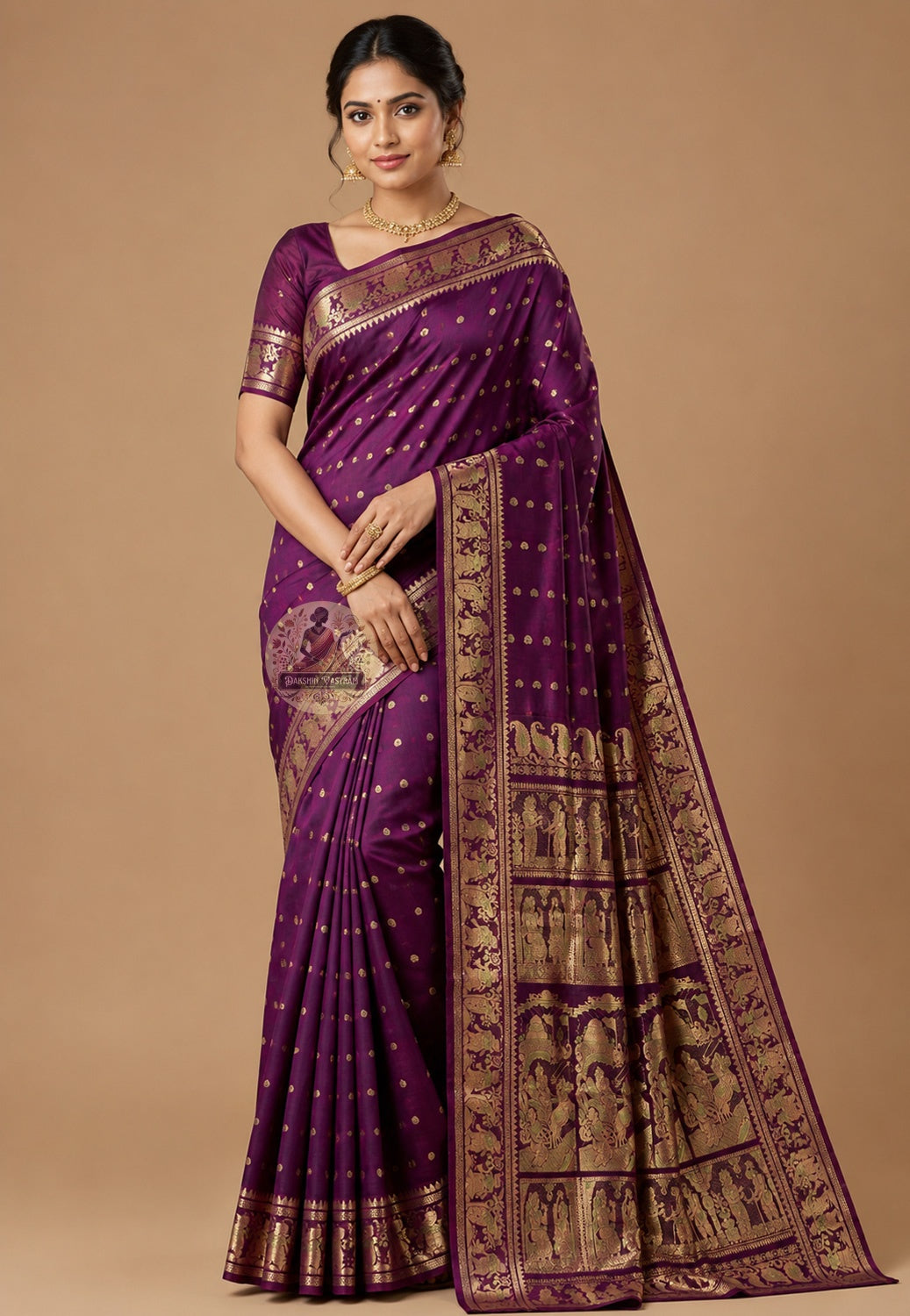 Front view of Swarnachari pure silk saree with golden zari border and woven mythological motifs, handloom West Bengal
