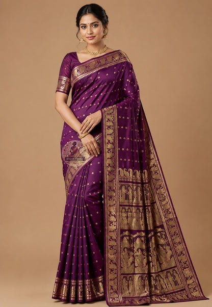 Front view of Swarnachari pure silk saree with golden zari border and woven mythological motifs, handloom West Bengal