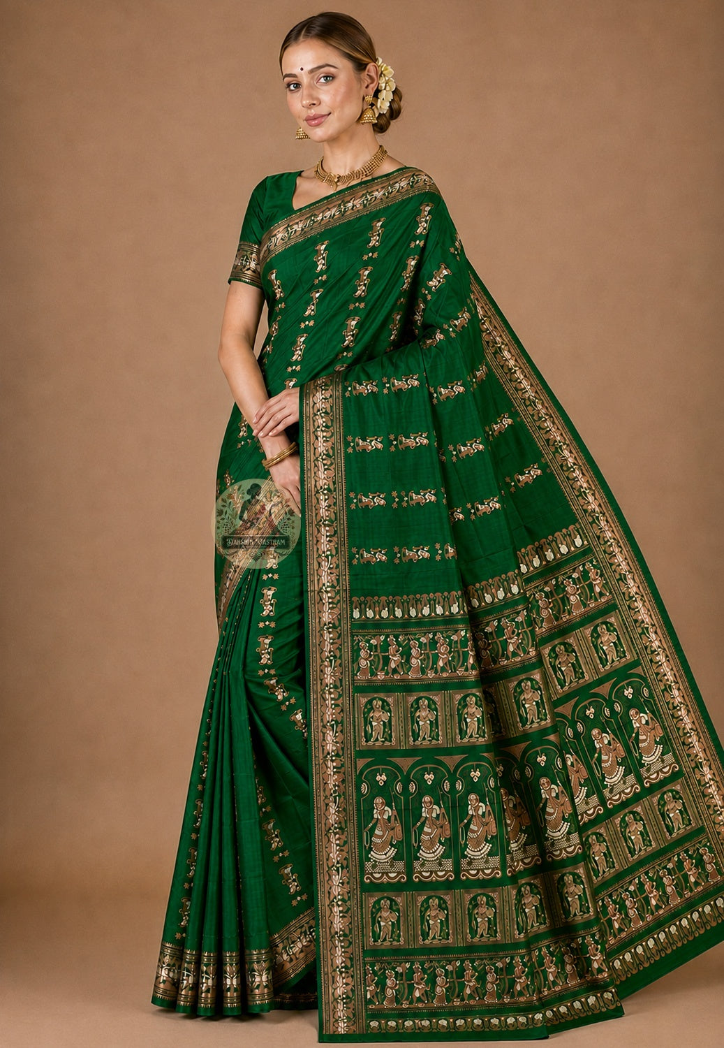Front view of Swarnachari handloom silk saree with fine golden zari detail border and precisely resolved mythological motifs, West Bengal pit-loom craft
