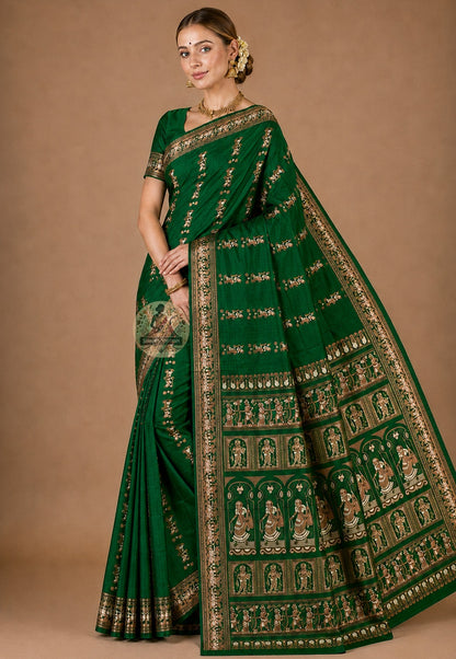 Front view of Swarnachari handloom silk saree with fine golden zari detail border and precisely resolved mythological motifs, West Bengal pit-loom craft