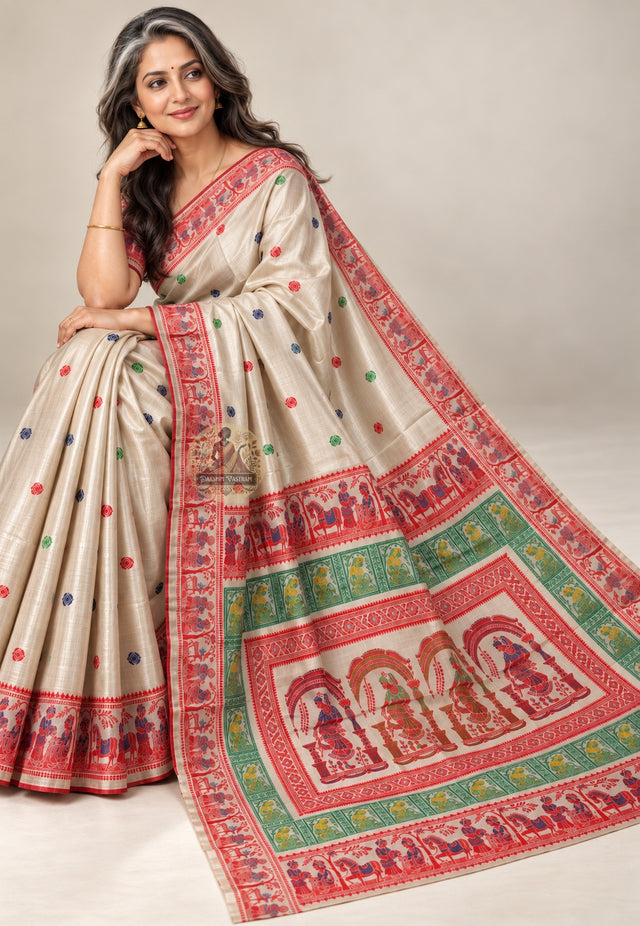 Front view of cream Baluchari silk saree with multicoloured motifs and a red patterned border
