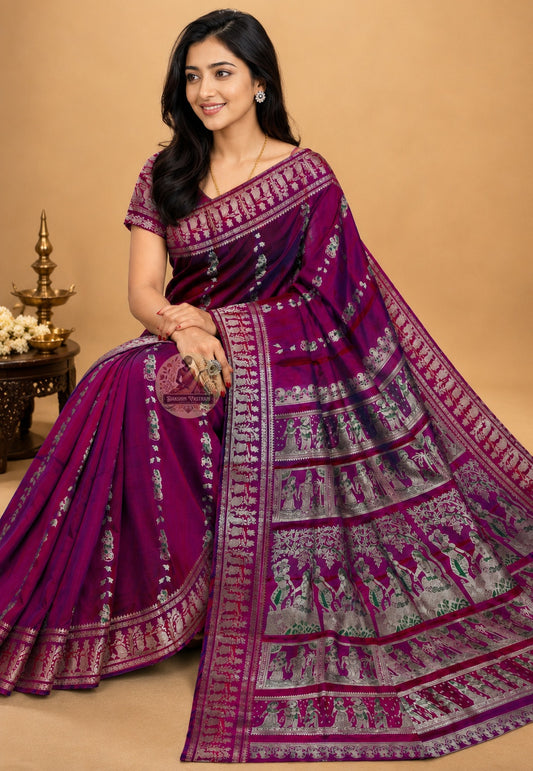 Side view of Baluchari Pure Silk Saree showing the graceful fluid fall and natural sheen of handwoven pure silk with traditional Baluchari buti motifs along the body