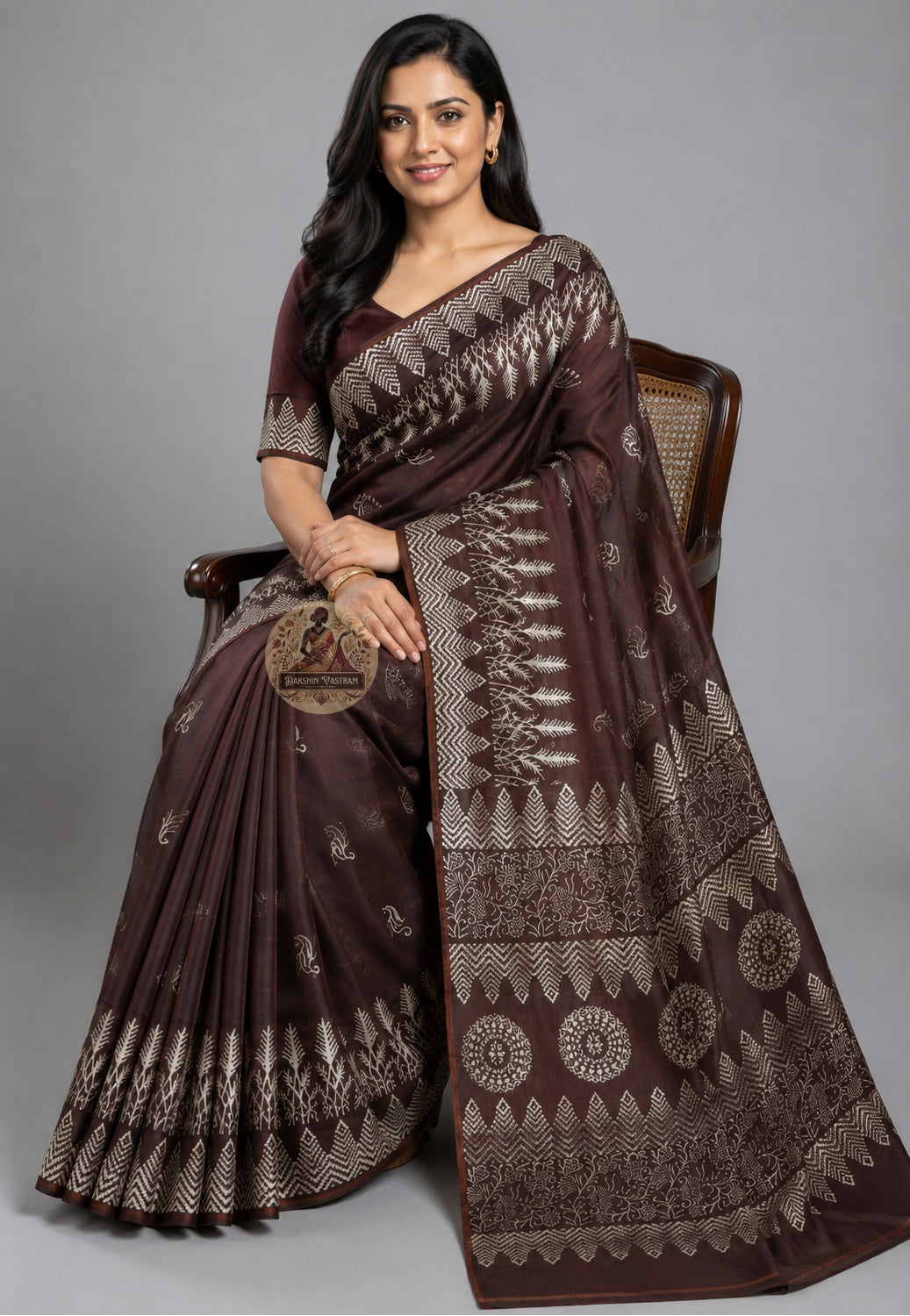Front view of Bishnupur Katan Silk Saree in deep heritage tone, handloom woven with traditional Bengal motifs, draped in classic Bengali style on model