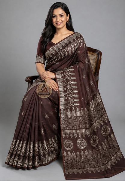 Front view of Bishnupur Katan Silk Saree in deep heritage tone, handloom woven with traditional Bengal motifs, draped in classic Bengali style on model