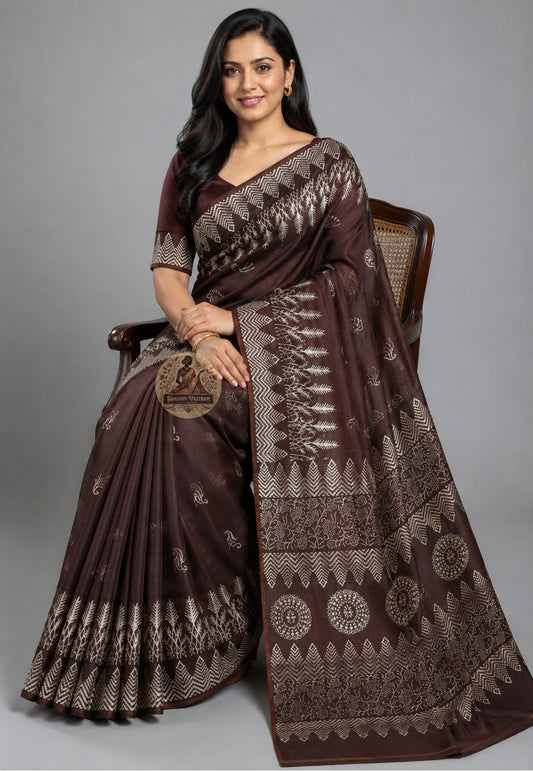 Front view of Bishnupur Katan Silk Saree in deep heritage tone, handloom woven with traditional Bengal motifs, draped in classic Bengali style on model