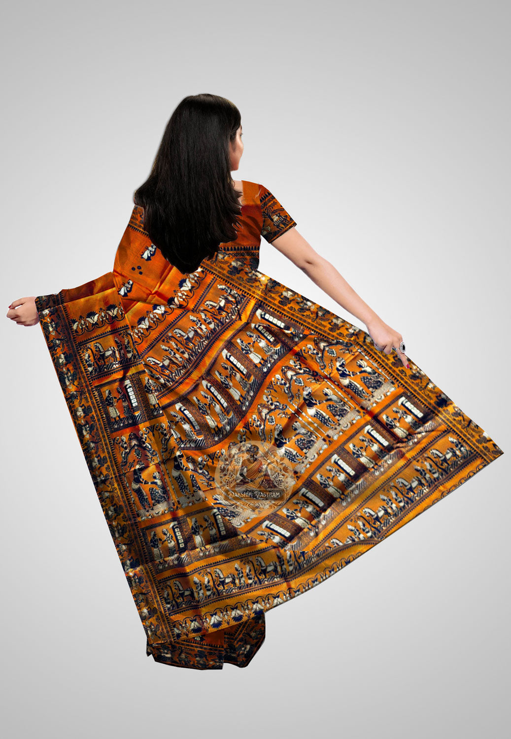 Rear view of Handloom Baluchari Saree highlighting the softness and refined texture